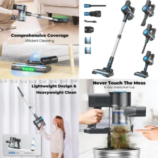 Potente Aspiradora Inalámbrica Ligera con Función de Autoestabilidad, Ideal para Todo Tipo de Pisos y Eliminación de Pelo de Mascotas (Azul)