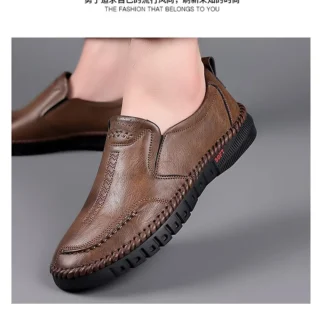 Calzado para fiesta de boda para ocasiones formales de negocios, zapatos de tablero oficiales de ocio, sin cordones de cuero genuino cosidos a mano para hombre