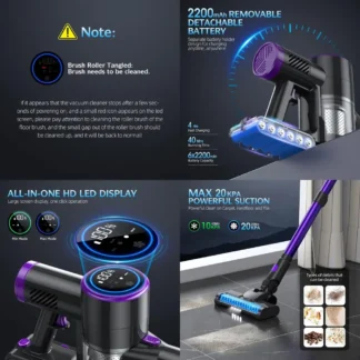 Aspiradora con Pantalla LED, 6 en 1, Ligera y Recargable, Batería de 40 Minutos para Pisos Duros y Alfombras