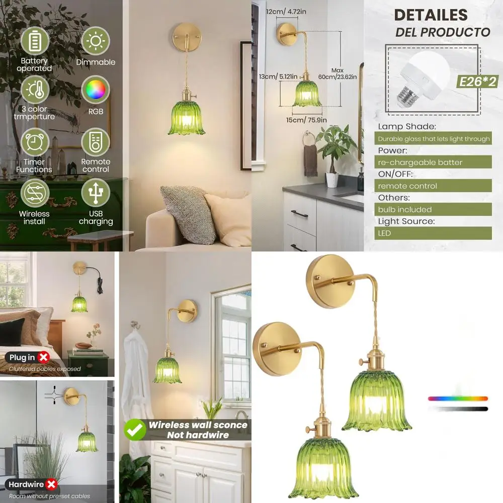 Juego de 2 apliques de pared RGB recargables con control remoto, funciona con pilas, regulables, 12 opciones de color para decoración del hogar