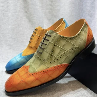 Zapatos Oxford con punta de ala de cuero genuino para hombre, zapatos de vestir de boda italianos, calzado Formal de negocios verde/camello para hombre
