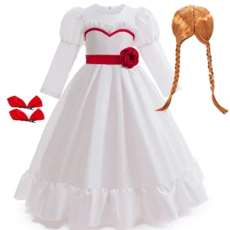 Disfraz de película de terror Annabelle para niña, vestido rosa de manga larga para chico, juego de rol de fantasma aterrador, traje de fiesta de Carnaval y Halloween