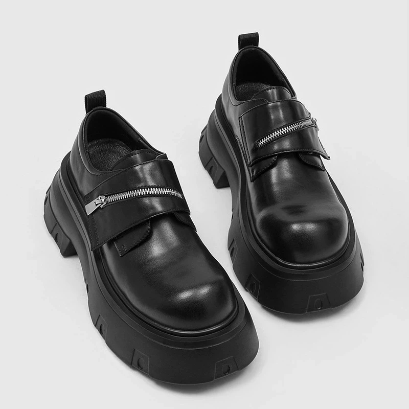 Zapatillas Derby de Plataforma de Cuero Negras para Hombre, Estilo Casual Británico, Versátiles, con Alzas y Punta Ancha