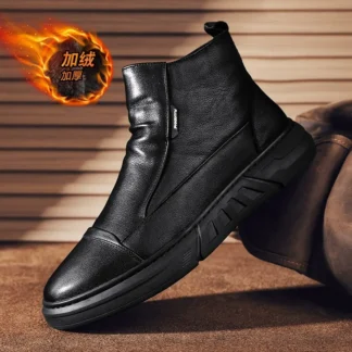 Botas altas de cuero de calidad para hombre, botines cálidos de felpa a la moda con cremallera, botas informales de suela blanda para hombre, botas de trabajo con plataforma