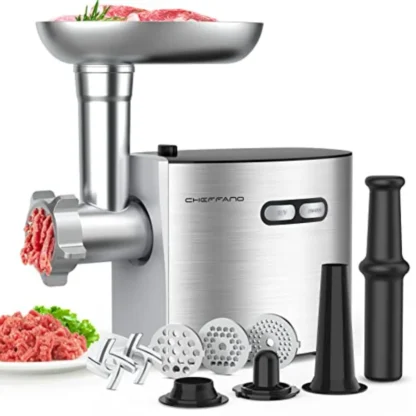 Picadora de carne CHEFFANO, picadora de carne de acero inoxidable máxima de 2600W, picadora de carne eléctrica aprobada por ETL de alta resistencia con 2 cuchillas