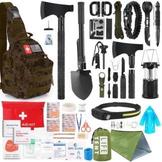 Kit de Supervivencia de Emergencia de 268 Piezas con Botiquín de Primeros Auxilios, Hacha de Camping, Linterna Frontal y Bolsa Cruzada para Acampar