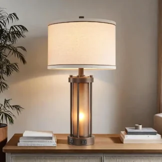 Lámpara de Mesa Vintage con Puertos de Carga USB, Luz Nocturna de Vidrio Ámbar y 2 Bombillas Incluidas para Sala de Estar