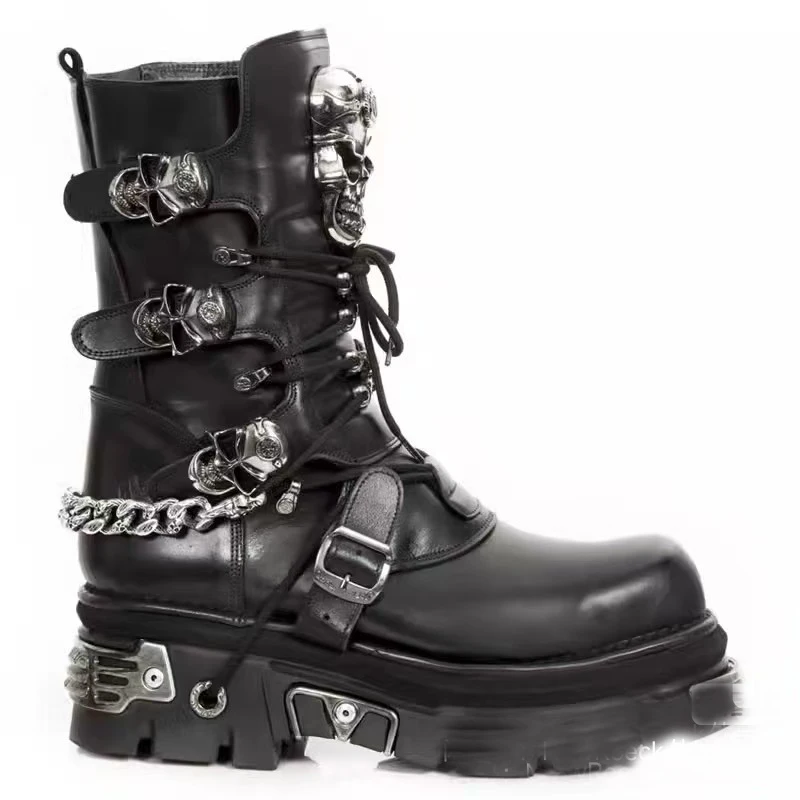 Botas de moto de cuero genuino para hombre a la moda, botas de vaquero de media pantorrilla Unisex con calavera gótica Punk, botas de combate con cadena metálica