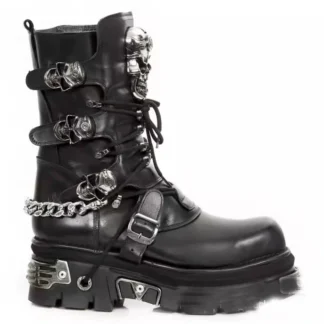 Botas de moto de cuero genuino para hombre a la moda, botas de vaquero de media pantorrilla Unisex con calavera gótica Punk, botas de combate con cadena metálica