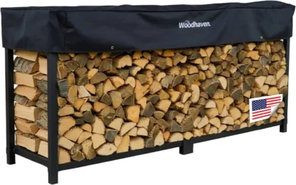 Rejilla para leña de acero resistente de 8 pies con cubierta, capacidad para 1/2 cables, mantiene la madera seca y lista para uso interior/exterior
