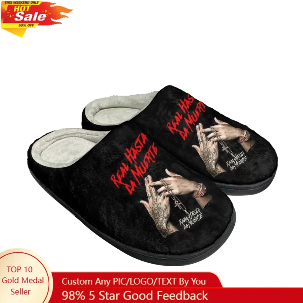 Anuel AA Real Hasta la Muerte Zapatillas de algodón para el hogar para hombre, mujer, adolescente, moda de felpa, dormitorio, zapato para mantener el calor, zapatilla hecha a medida