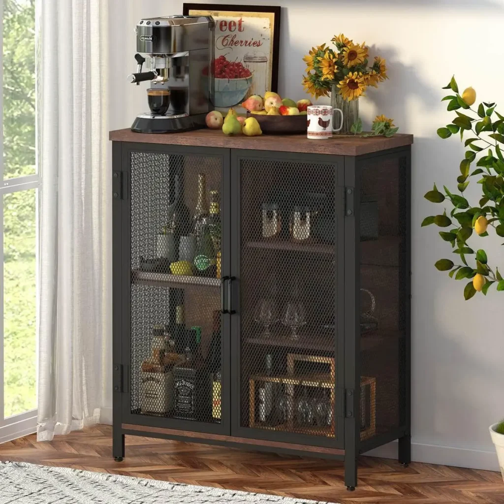 Mueble de Bar de Estilo Rústico en Roble con Almacenamiento para Cocina, Comedor, Entrada o Sala de Estar