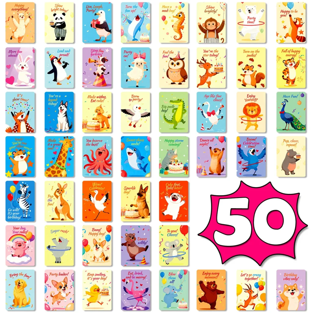 50 Tarjetas de Felicitación de Cumpleaños con Temática Animal, Lindas Tarjetas de Regalo de Dibujos Animados, Decoración, Hermoso Juego de Tarjetas para Caja de Comida