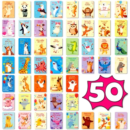 50 Tarjetas de Felicitación de Cumpleaños con Temática Animal, Lindas Tarjetas de Regalo de Dibujos Animados, Decoración, Hermoso Juego de Tarjetas para Caja de Comida