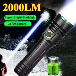 Linterna LED Súper Brillante de 2000LM, Linterna Recargable de Largo Alcance, Lámpara Táctica de Mano para Acampar al Aire Libre