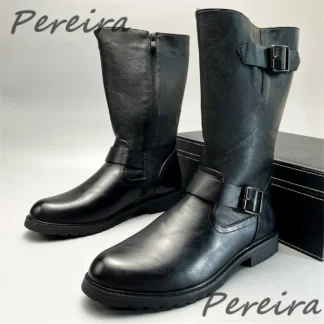 Botas de caballero con hebilla de cinturón de estilo británico para hombre, botas largas de cuero negro con aumento de altura, botas de motocicleta con cremallera lateral y punta redonda