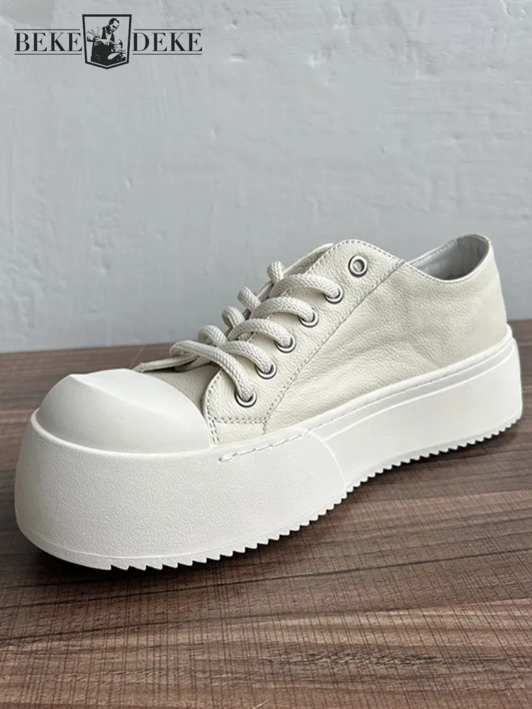 Moda de ocio para hombre, zapatillas de plataforma de cuero genuino de Color sólido, tendencia juvenil, zapatos informales transpirables con cordones y punta redonda de piel de vaca
