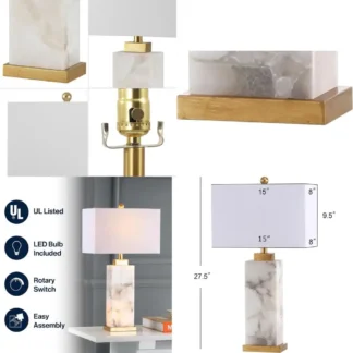 Lámpara de Mesa LED Alabaster de 27.5 Pulgadas - Estilo Costero Contemporáneo para Mesita de Noche, Escritorio, Dormitorio, Sala de Estar, Oficina, Universidad, Blanco/Go