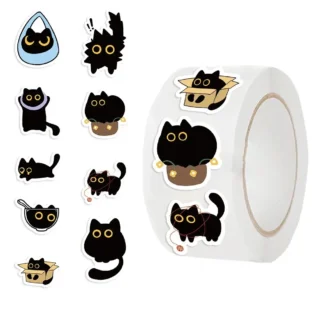 Rollo de pegatinas de gato negro de dibujos animados, etiquetas adhesivas fuertes impermeables para diario, álbum de recortes, sello de sobre, regalo para niños, 500 Uds.