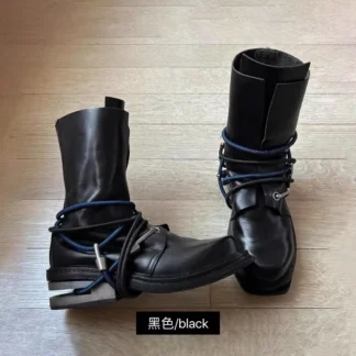 Botas Retro de ingeniero de cuero genuino para hombre, botas de montar occidentales con banda elástica y punta redonda a media pantorrilla con tacón grueso de Metal extraño para mujer
