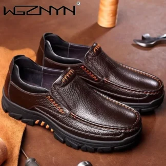 2025 hechos a mano nuevos zapatos de cuero genuino 48 mocasines de cuero suave para hombres suela gruesa zapato Casual calzado masculino negro marrón Slip-on