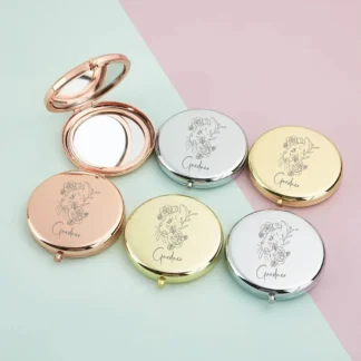 1 espejo de maquillaje con nombre personalizado, diseño de rosa de dibujos animados, espejo plegable, espejo redondo, espejo de bolsillo, regalos para invitados de boda