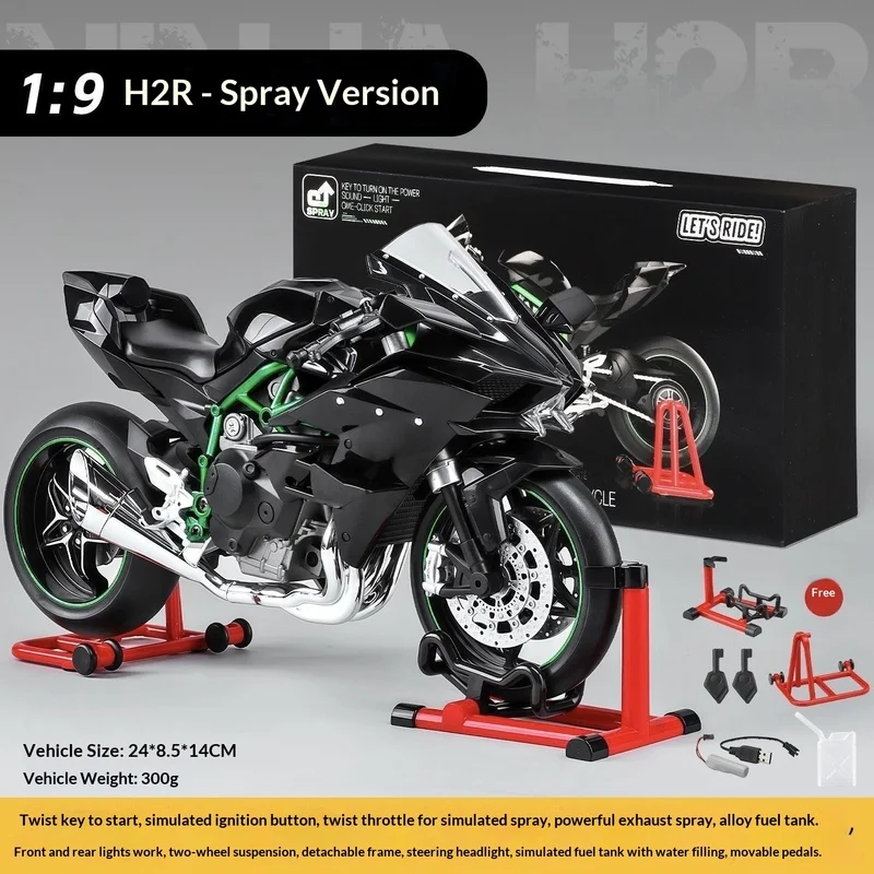 Kawasaki Ninja H2R Modelo dinámico a escala 1:9 - Motocicleta de aleación con efecto de humo en caja de regalo, automóviles de edición de coleccionista