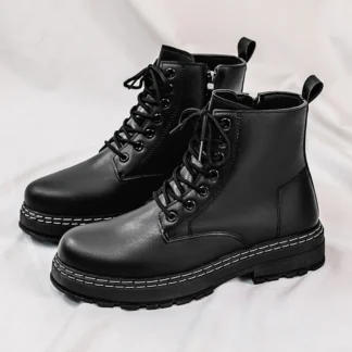 Botas de moto de charol negro para hombre de 4 estaciones: botas de senderismo y conducción al aire libre de estilo británico clásico