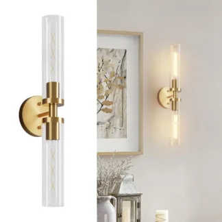 Juego de 2 apliques de pared dorados con cable y vidrio transparente, accesorios de iluminación modernos para baño para espejo y pasillo (bombillas no