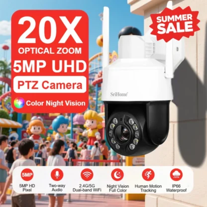 Srihome SH041 QHD 5.0MP 20X Zoom exterior 5G seguridad Wifi IP cámara IP66 impermeable H.265 Onvif Video vigilancia CCTV cámaras