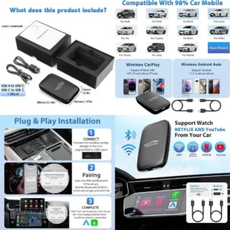 Dongle inalámbrico Carplay y Android Auto compatible con tarjeta Netflix/YouTube/TF, Car Play Ai Box con Cable USBA-C y USBC-C para iPhone