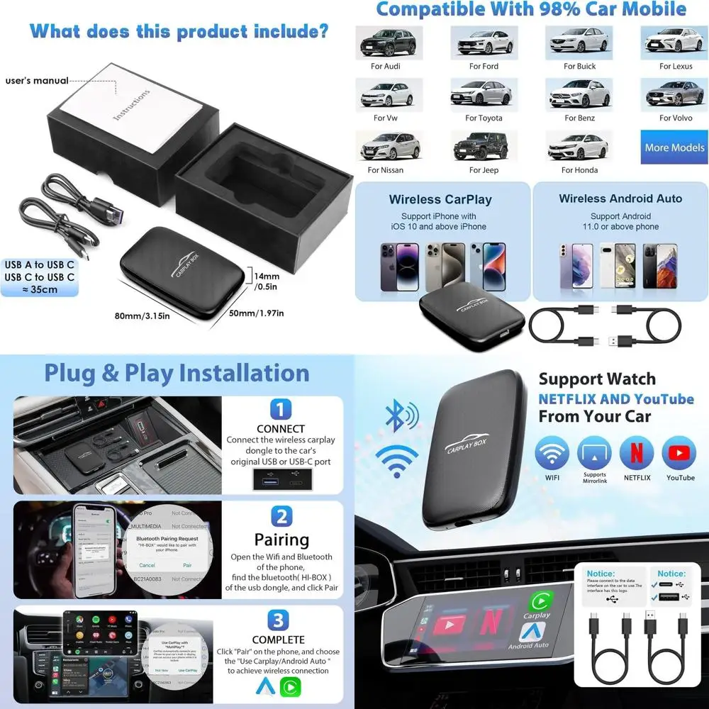 Dongle inalámbrico Carplay y Android Auto compatible con tarjeta Netflix/YouTube/TF, Car Play Ai Box con Cable USBA-C y USBC-C para iPhone