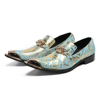 Zapatos de negocios de cuero auténtico con estampado clásico para hombre, calzado de fiesta con punta estrecha, talla grande, decoración de Metal, para boda, 2023