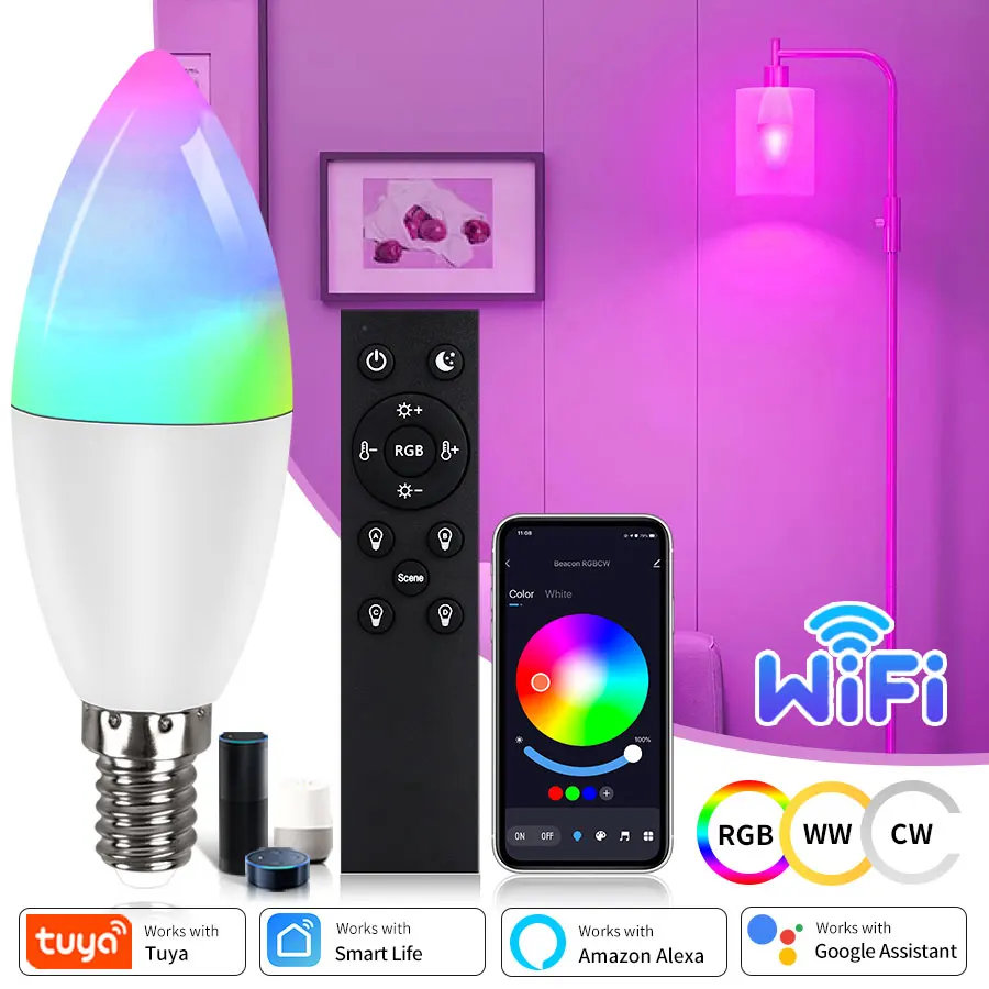 Bombillas Led Wifi E14, 220V, 5W, 7W, 9W, luz de vela, foco de vida inteligente Tuya, lámpara RGB con RF 2,4G, Control remoto por voz, Alexa y Google