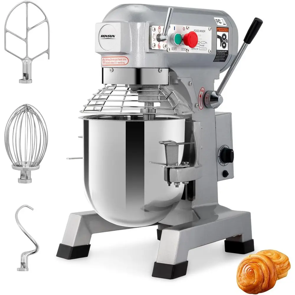 Batidora Industrial de 550W con 3 Velocidades, Tazón de Acero Inoxidable, Ganchos para Amasar y Batidor para Panadería, Pizzería, Restaurante