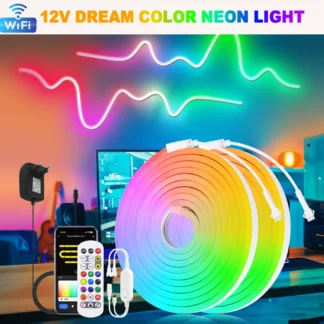 Tira de luces LED de neón RGB inteligente WiFi 24 teclas Control remoto 12V enchufe UE/EE. UU./REINO UNIDO/AU WS2811 84LED/M decoración de sala de juegos 1M 2M 3M 5M