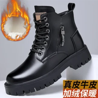 Botas clásicas de cuero genuino para hombre, zapatos de trabajo con plataforma cálida impermeables para otoño e invierno, botines de motocicleta para exteriores para hombre