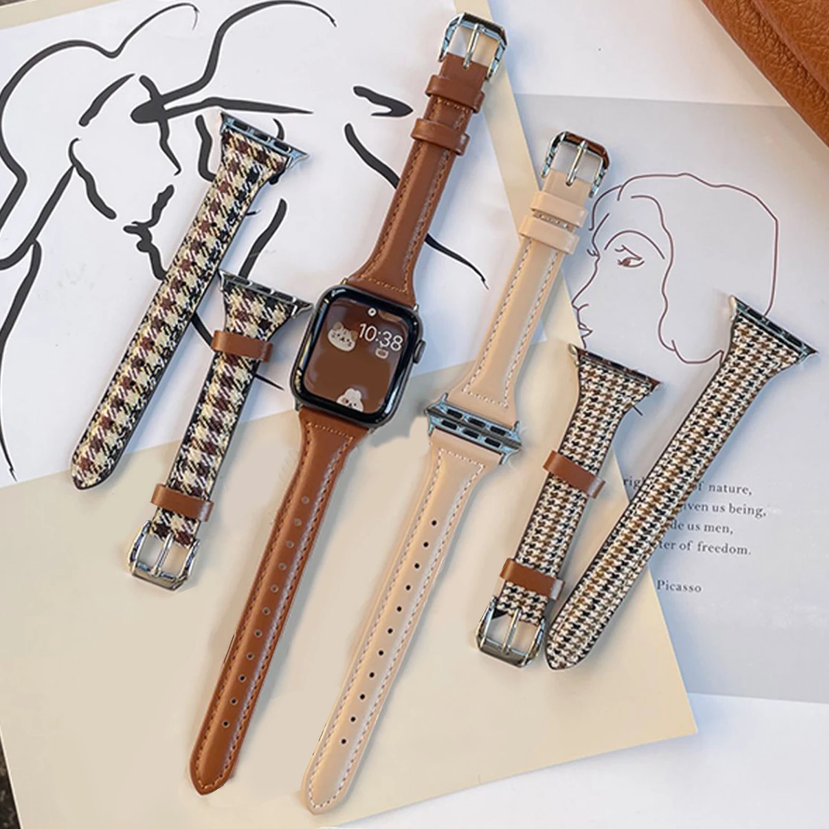 Bandas de cuero compatibles con Apple Watch, pulsera de repuesto delgada, correa deportiva para Iwatch SE Series 9 8 7 6 5 4 3 2 1