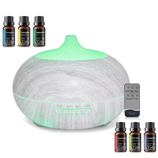 Difusor de aceites esenciales de grano de madera, Control remoto de 550ml, 6 aceites de aromaterapia, luz LED que cambia de 7 colores para el hogar, la oficina, la yoga