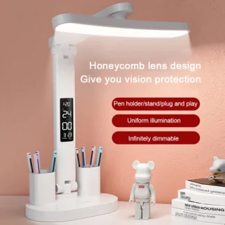 Lámpara de mesa de reloj LED, lámparas de escritorio regulables recargables por USB, protección ocular plegable, luces nocturnas de lectura de escritorio, iluminación de estudio