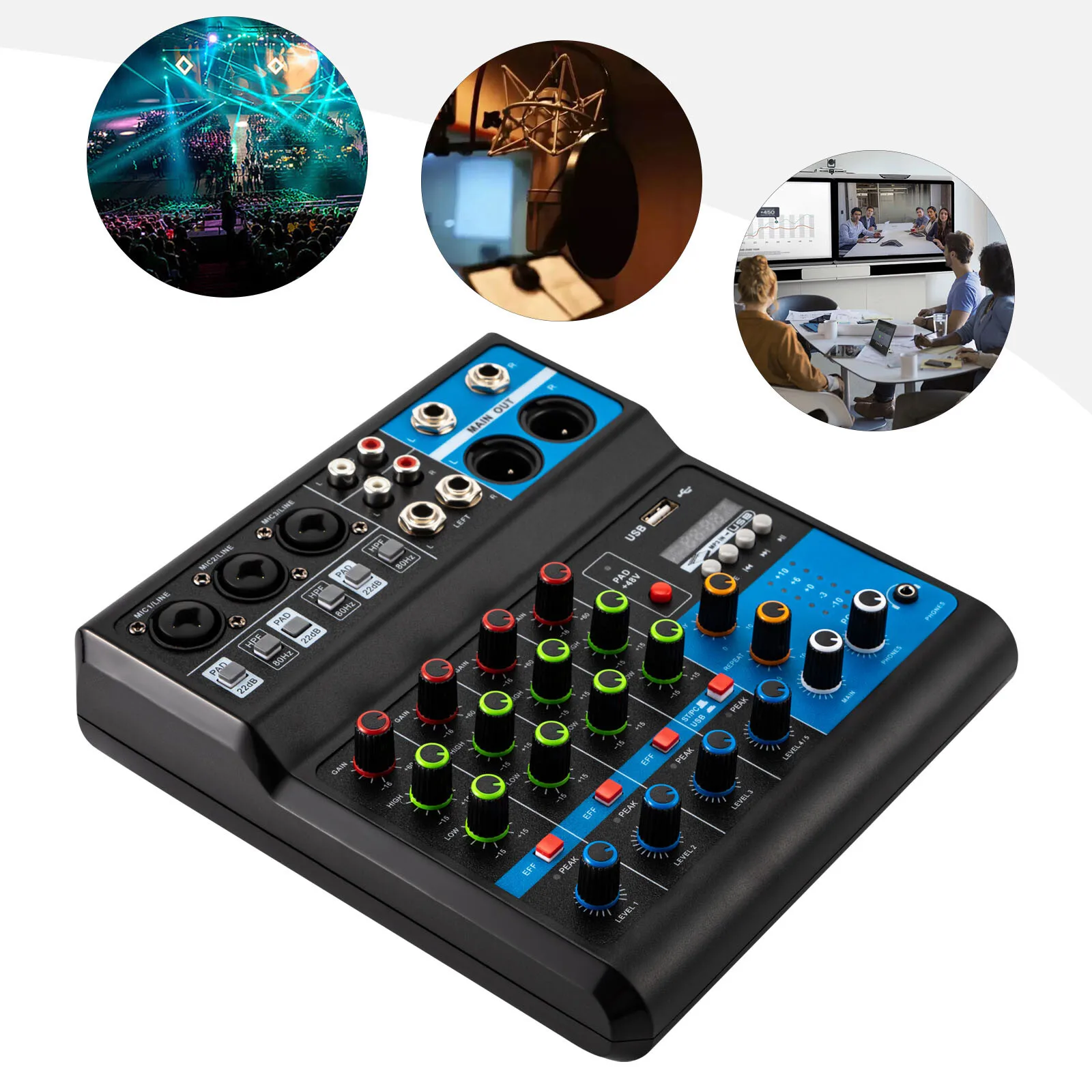 Consola de Mezclas de 5 Canales, Mezclador de Audio para Estudio en Vivo, Mezclador de DJ, Tarjeta de Sonido USB, Bluetooth, Reverberación, Mini Mezclador Estéreo, Sistema de Consola MP3