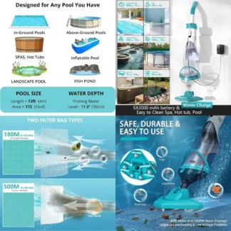 Aspiradora Inalámbrica para Piscinas de 19 GPM, 60 Minutos de Autonomía, Ideal para Piscinas Elevadas, Elimina Residuos y Arena