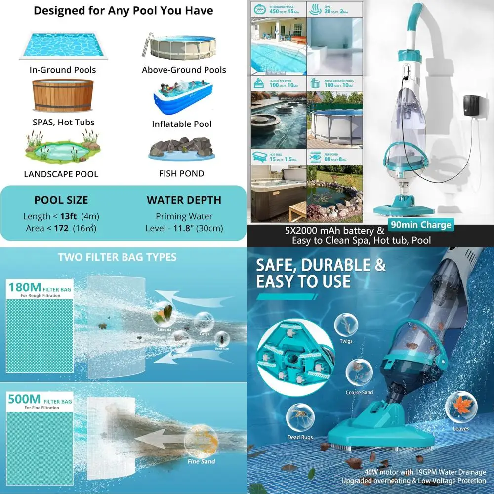 Aspiradora Inalámbrica para Piscinas de 19 GPM, 60 Minutos de Autonomía, Ideal para Piscinas Elevadas, Elimina Residuos y Arena