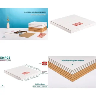 Cajas de Envío para Discos de Vinilo de 12 Pulgadas, Paquete de 50 Unidades, 12.8x12.8x1 Pulgadas, Sobres Resistentes de Varias Profundidades con Etiquetas Frágiles, Blancos