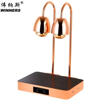 Lámpara de Calor para Alimentos de Doble Cabezal de Acero Inoxidable Color Oro Rosa, Control Digital, Placa Eléctrica para Calentar Alimentos para Buffet