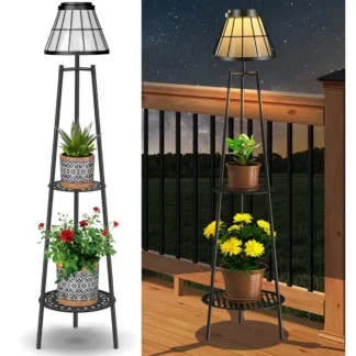 Paquete de 45.5 Lámparas de Exterior con Soporte para Plantas de 2 Niveles, Luces Solares Metálicas Impermeables para Patio, Terraza, Jardín, Porche