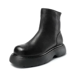Botas Chelsea de cuero genuino con punta redonda hechas a mano, zapatos de hombre con cremallera trasera, suela de plataforma, botines de Otoño Invierno para hombre, color negro