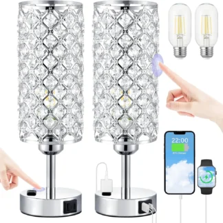 Juego de 2 Lámparas de Mesa de Cristal con Control Táctil, Puertos USB C+A y Toma de Corriente, Lámpara de Noche Regulable para Dormitorio (Bombillas Incluidas)