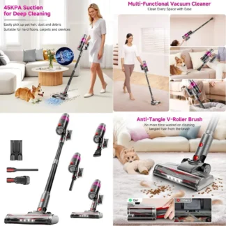Potente aspiradora inalámbrica de 550W y 45KPA, aspiradora ligera 6 en 1 para el hogar, pelo de mascota, alfombras y suelos duros (púrpura)