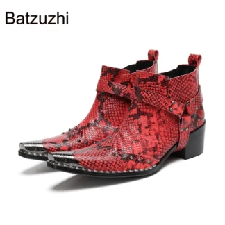 ¡Batzuzhi botas rojas de vaquero para hombre, botines de cuero con punta de Metal, botas cortas de moda sin cordones para hombre, tacones de 6,5 cm!